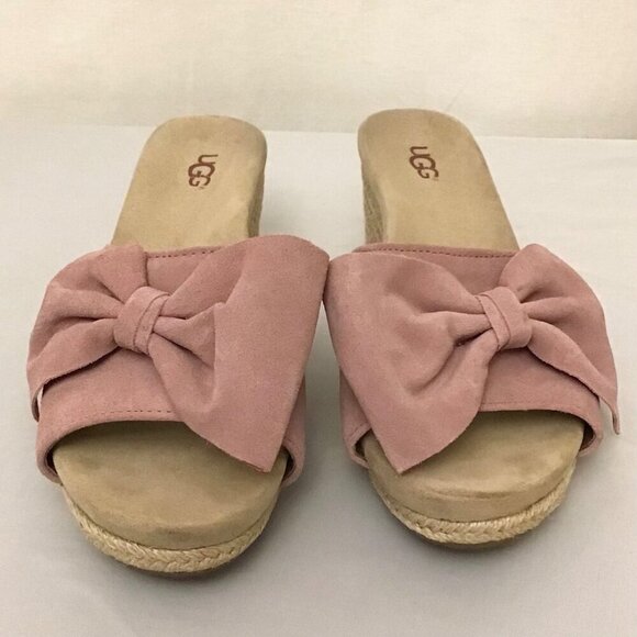 UGG 8.5 Jaycee Suede Rose Pink Bow Women’s Espadrille Wedge Sandals Shoes - Picture 5 of 12